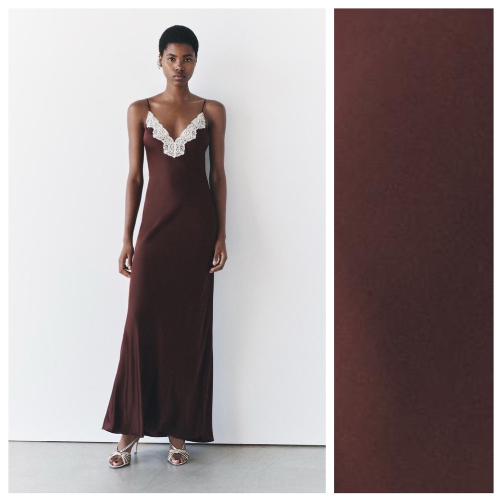 NWT. Zara ZW Collection Burgundy Viscose Lace Slip Long V-neck Dress. Size M.